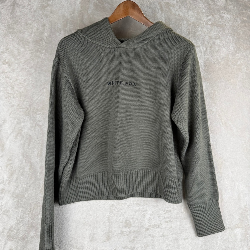 White Fox Olive Green Knit Hoodie Sweater Embroidered Logo XS/S